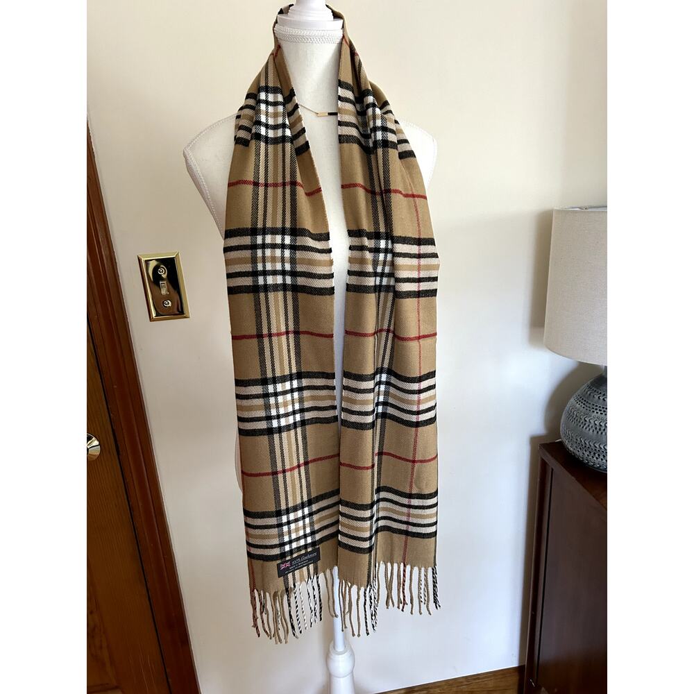 NWOT 100% Cashmere Tan Check Plaid Tartan Tassles Scottish Fall Winter Scarf